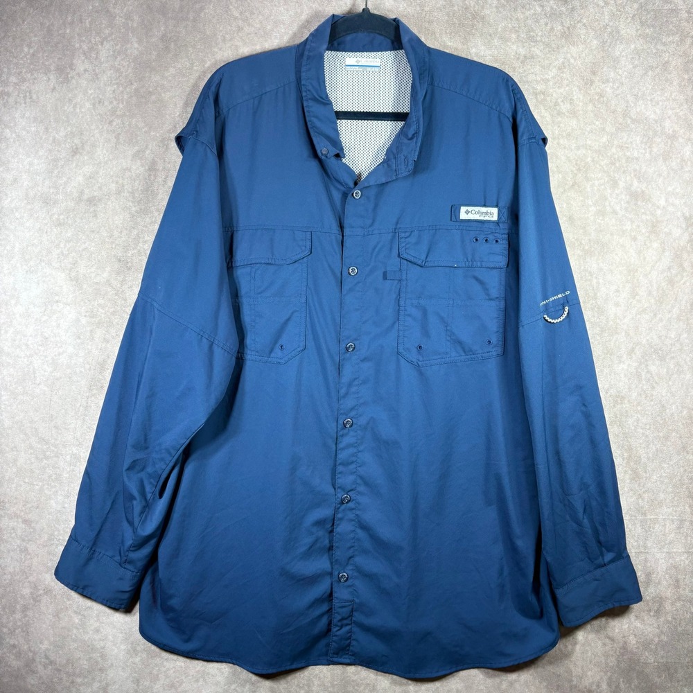 Columbia Fishing Shirt Men XXL Blue PFG Tamiami Long Sleeve Omni-Shield Vented